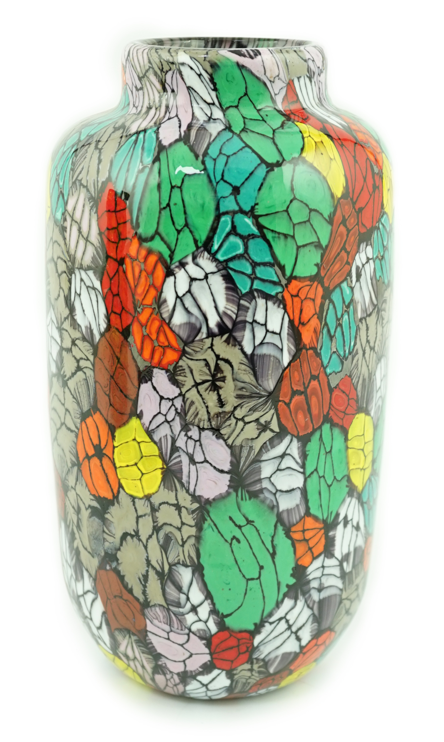 Vittorio Ferro (1932-2012) A Murano glass Murrine vase, with a multicoloured leaf design, signed, 27cm, Please note this lot attracts an additional import tax of 20% on the hammer price